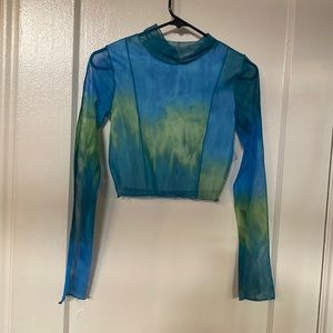 Colorful, sheer, long sleeve, mock neck shirt